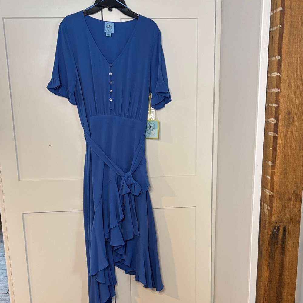 CeCe Blue asymmetrical Dress with Ruffle Detail